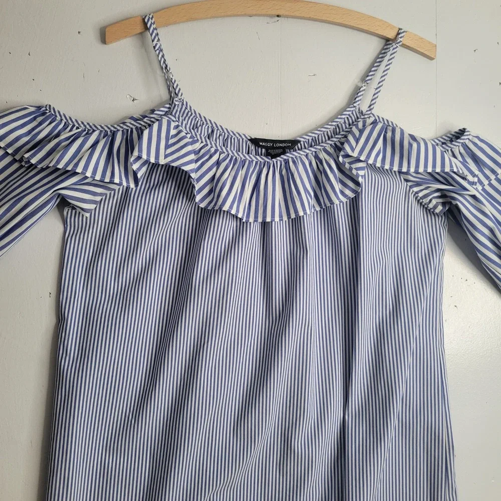 Maggy London Womens‎ Blue White Striped Cold Shoulder Ruffle Shift Dress Size 10